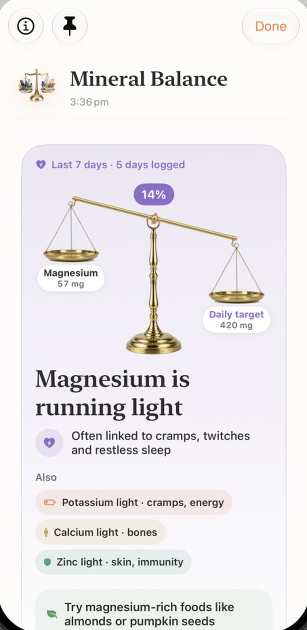 EXO mineral balance showing magnesium at 14% of the daily target